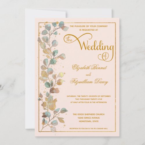 Botanical Leaves Blush Photo Monogram Wedding Invitation