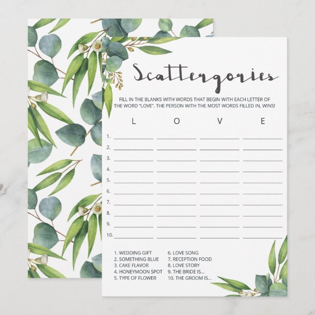 Botanical Leaves Bridal Shower Game Scattergories (Front/Back)