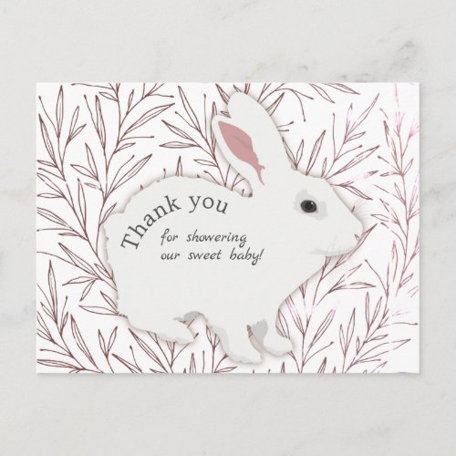 Botanical Leaves Bunny Baby Shower Thank You Postcard