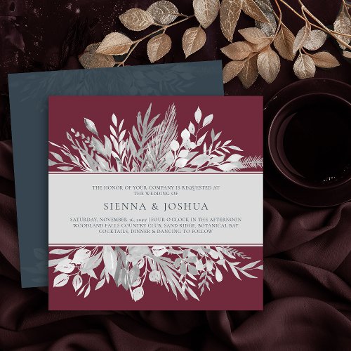 Botanical Leaves Burgundy Grey Square Wedding Invitation