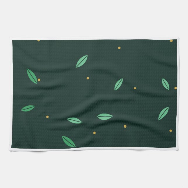 Botanical Leaves Dark Green Seamless Pattern Kitchen Towel (Horizontal)