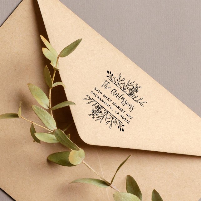Botanical Leaves Frame Family Name Return Address Rubber Stamp (Creator Uploaded)