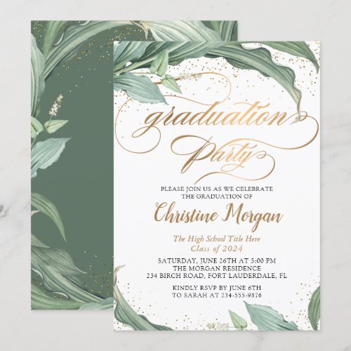 Botanical Leaves Gold Script Graduation Party Invitation