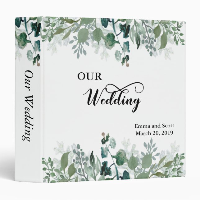 Botanical Leaves Greenery Wedding Calligraphy 3 Ring Binder (Front/Spine)