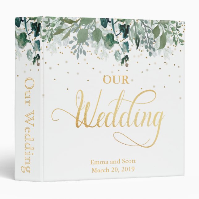 Botanical Leaves Greenery Wedding Calligraphy Gold 3 Ring Binder (Front/Spine)