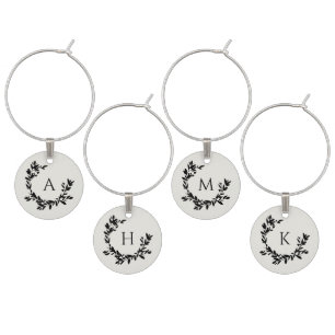 Botanical Leaves Ivory and Black Initial Monogram Wine Charm