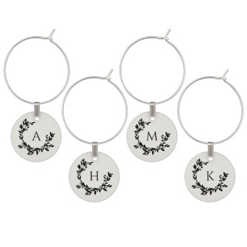 Botanical Leaves Ivory and Black Initial Monogram Wine Charm