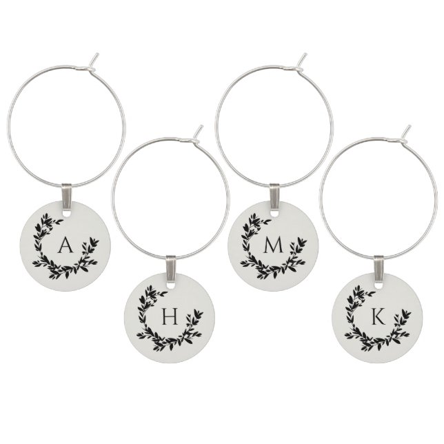 Botanical Leaves Ivory and Black Initial Monogram Wine Charm (Staggered)