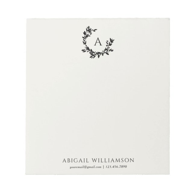 Botanical Leaves Neutral Ivory Monogram Initial Notepad (Front)