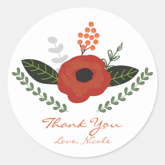 Botanical Leaves & Orange Flower Favor Stickers (Front)