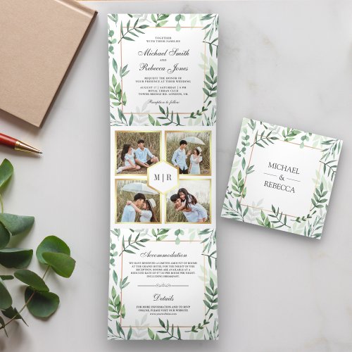 Botanical Leaves Photo Collage Greenery Wedding Tri_Fold Invitation