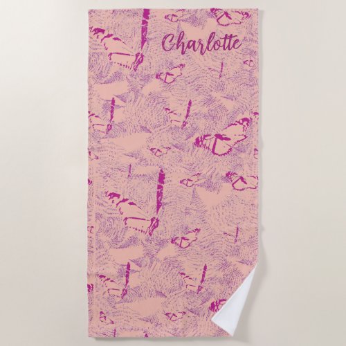 Botanical leaves pink butterfly beach towel