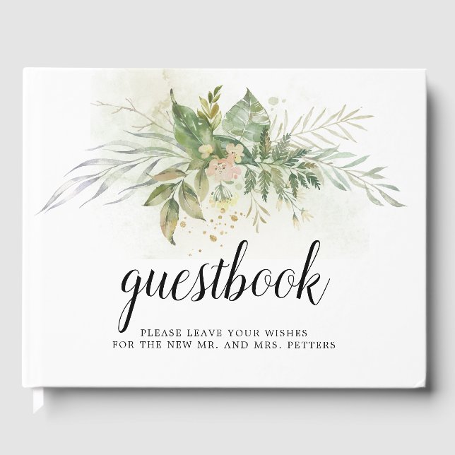 Botanical Leaves Pink Floral Wedding Guest Book (Front)