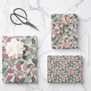 Botanical Leaves Sage Green Dusty Pink Floral Wrapping Paper Sheets