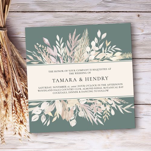 Botanical Leaves Sage Green Square Wedding Invitation