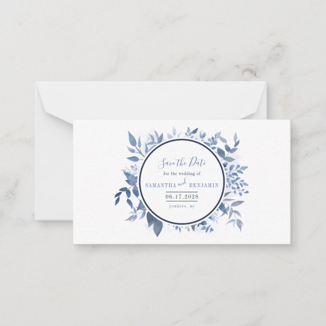 Botanical Leaves Script Navy Blue Save the Date Note Card (Front)