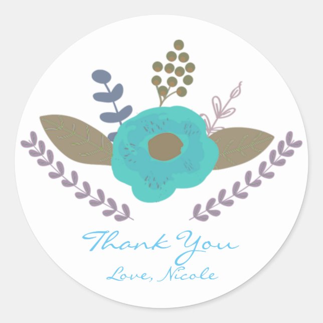 Botanical Leaves & Teal Blue Flower Favor Stickers (Front)