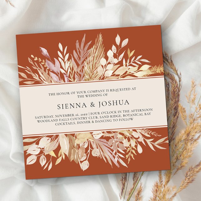 Botanical Leaves Terracotta Cream Square Wedding Invitation (Square Wedding Invitation Templage in burnt orange with cream foliage available printed or digital)