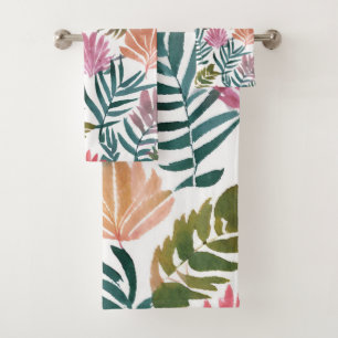Botanical Leaves Watercolor Floral Colorful Leaf Bath Towel Set