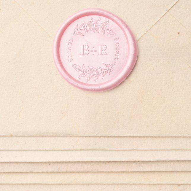 Botanical leaves wedding monogram and names wax seal sticker (Front)