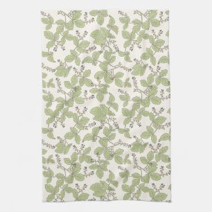 Botanical Leaves with Blossoms and Berries Green Kitchen Towel