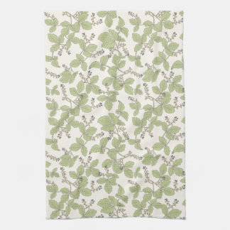 Botanical Leaves with Blossoms and Berries Green Kitchen Towel