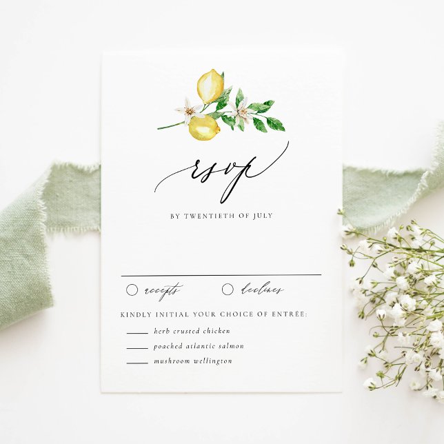 Botanical Lemon and Greenery Garden Wedding RSVP Card (Customizable RSVP Card with Watercolor Lemons, Blossoms & Greenery | RSVP with Date & Entree Choices)