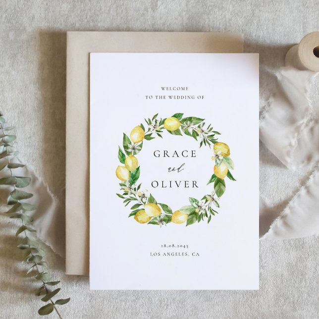 Botanical Lemon and Greenery Wreath Summer Wedding Program (Customizable Wedding Program Card with Watercolor Lemons, Blossoms & Greenery Wreath)