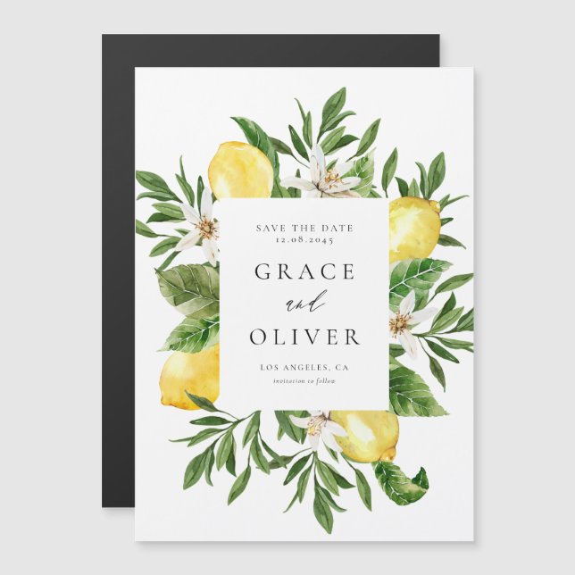 Botanical Lemon Blossoms Frame Save the Date Magnetic Invitation (Front/Back)