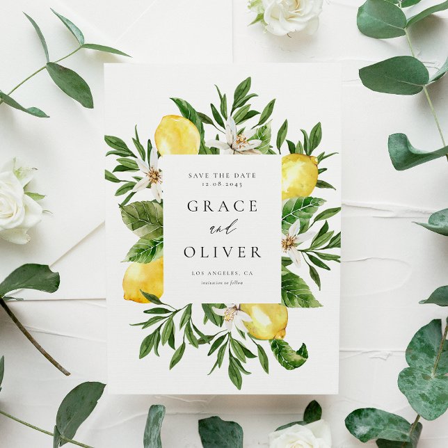 Botanical Lemon Blossoms Frame Save the Date  Postcard (Watercolor Lemons and Greenery Frame Save the Date Postcard)