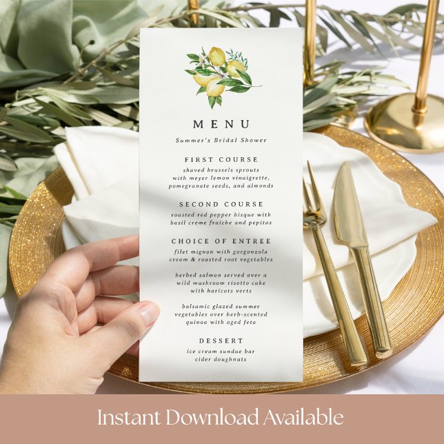 Botanical Lemon Bridal Shower Wedding Menu Card (Creator Uploaded)