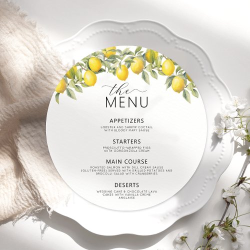 Botanical Lemon Citrus Wedding Round Flat Menu