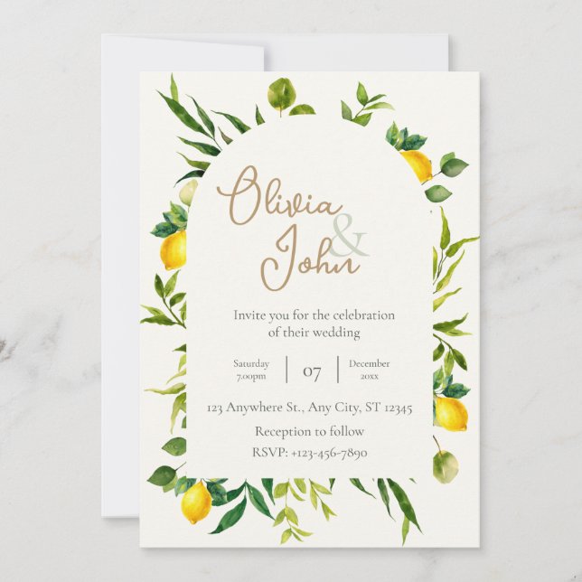 Botanical Lemon Citrus Wreath Greenery Wedding Invitation (Front)