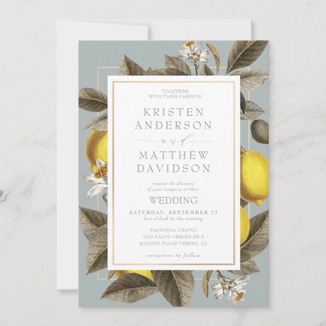 Botanical Lemon Leaves Wedding Dusty Blue Invitation (Front)