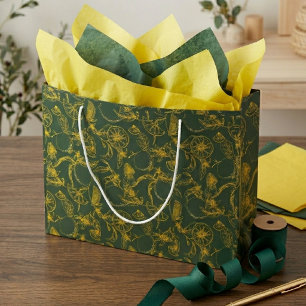 Botanical Lemon Pattern on Green with Label Large Gift Bag