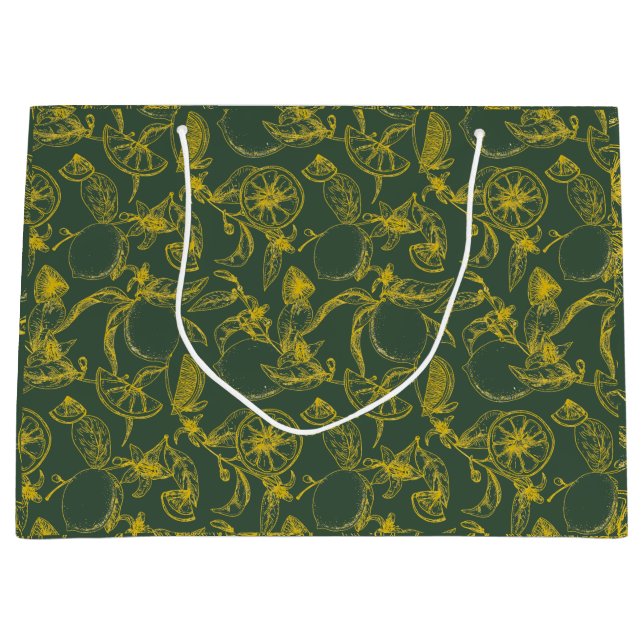 Botanical Lemon Pattern on Green with Label Large Gift Bag (Front)