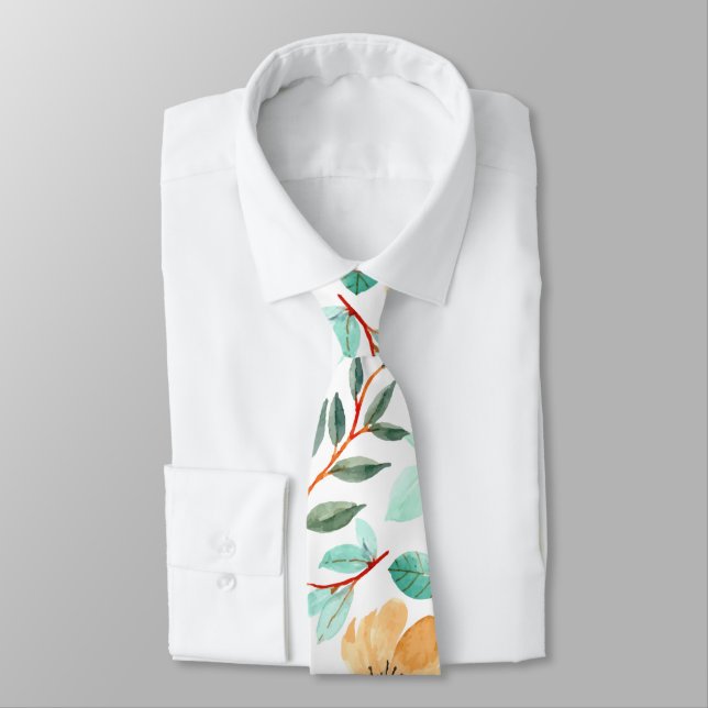 Botanical Lemon Yellow Floral Greenery Pattern Neck Tie (Tied)