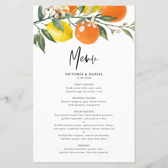 Botanical Lemons and Oranges Garland Menu Card (Front)