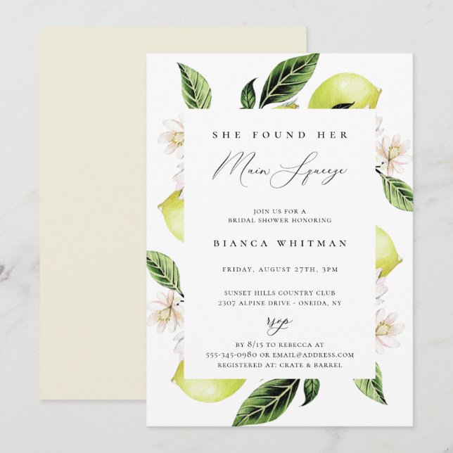 Botanical Lemons Main Squeeze Bridal Shower Invita Invitation (Front/Back)
