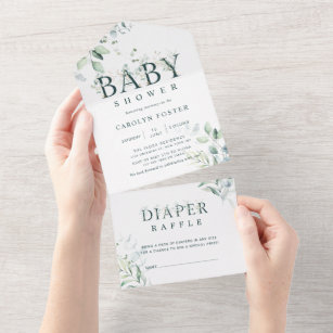 Botanical Letter Boy Baby Shower   Diaper Raffle All In One Invitation