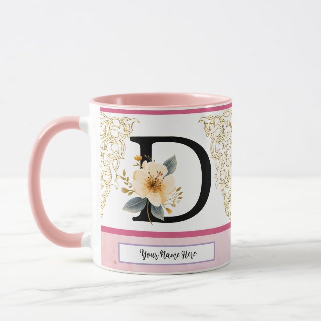 Botanical Letter D Mug – Soft Floral Initial with  (Left)