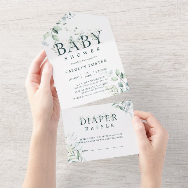 Botanical Letter Girl Baby Shower | Diaper Raffle  All In One Invitation (Tearaway)
