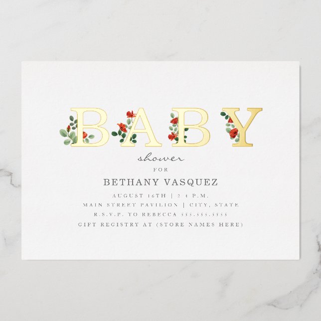 Botanical Lettering Poppies Baby Shower Gold Foil Invitation (Front)