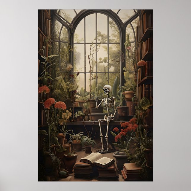Botanical Library Skeleton Art Print, Dark Poster (Front)