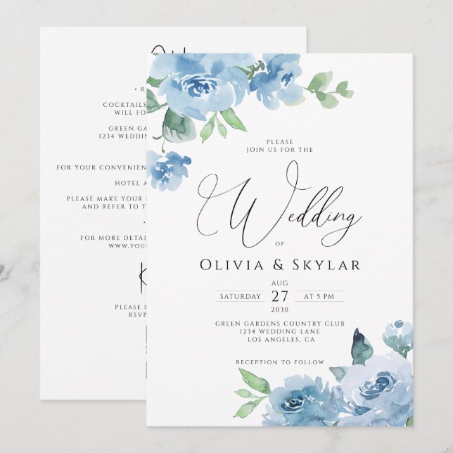 Botanical Light Baby Blue QR All In One Wedding Invitation (Front/Back)