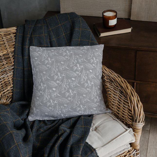 Botanical Light Gray White Leaves Floral Pattern Throw Pillow (Creator Uploaded)