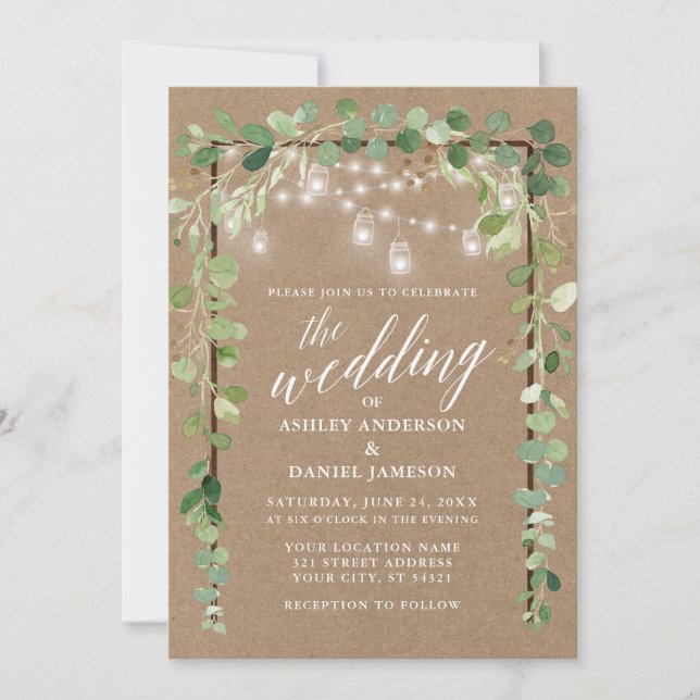 Botanical Lights Wood Calligraphy Kraft Wedding Invitation (Front)