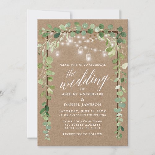 Botanical Lights Wood Calligraphy Kraft Wedding Invitation