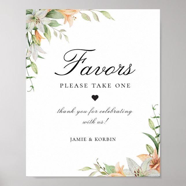 Botanical Lily Floral Favor Wedding Sign (Front)