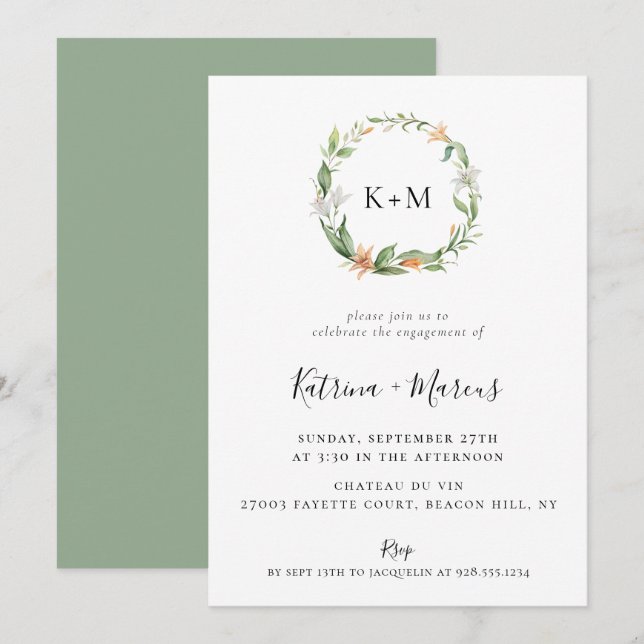 Botanical Lily Floral Wreath Engagement Invitation (Front/Back)